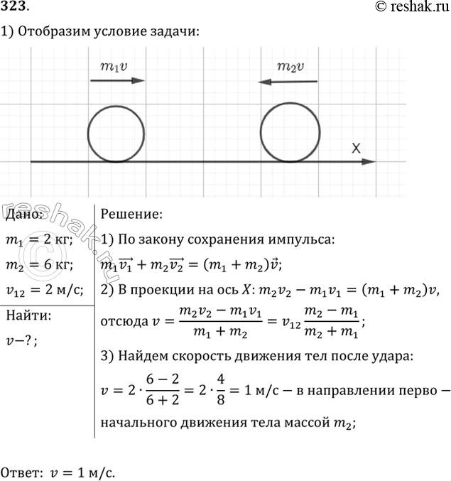 Изображение Два неупругих тела, массы которых 2 и 6 кг, движутся навстречу друг другу со скоростями 2 м/с каждое. С какой скоростью и в каком направлении будут двигаться эти тела...