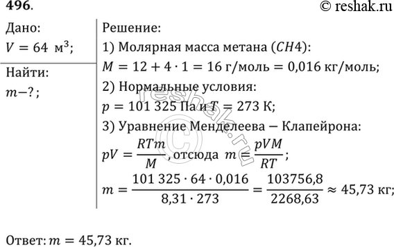 Изображение Найти массу природного горючего газа объемом 64 м3, считая, что объем указан при нормальных условиях. Молярную массу природного горючего газа считать равной молярной...