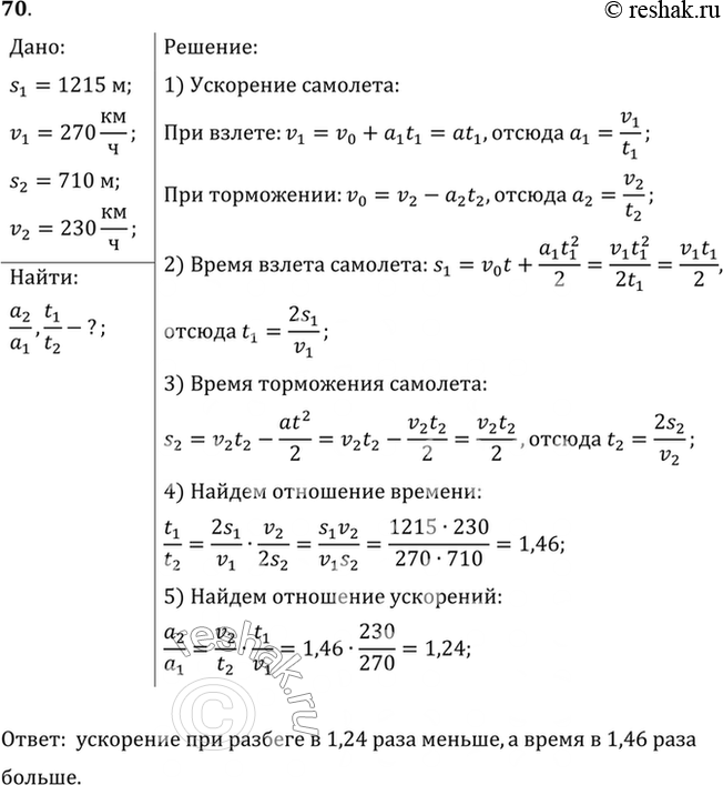 Изображение Длина разбега при взлете самолета Ту-154 равна 1215 м, а скорость отрыва от земли 270 км/ч. Длина пробега при посадке этого самолета 710 м, а посадочная скорость 230...