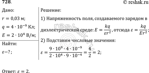 Изображение На расстоянии 3 см от заряда 4 нКл, находящегося в жидком диэлектрике, напряженность поля равна 20 кВ/м. Какова диэлектрическая проницаемость...