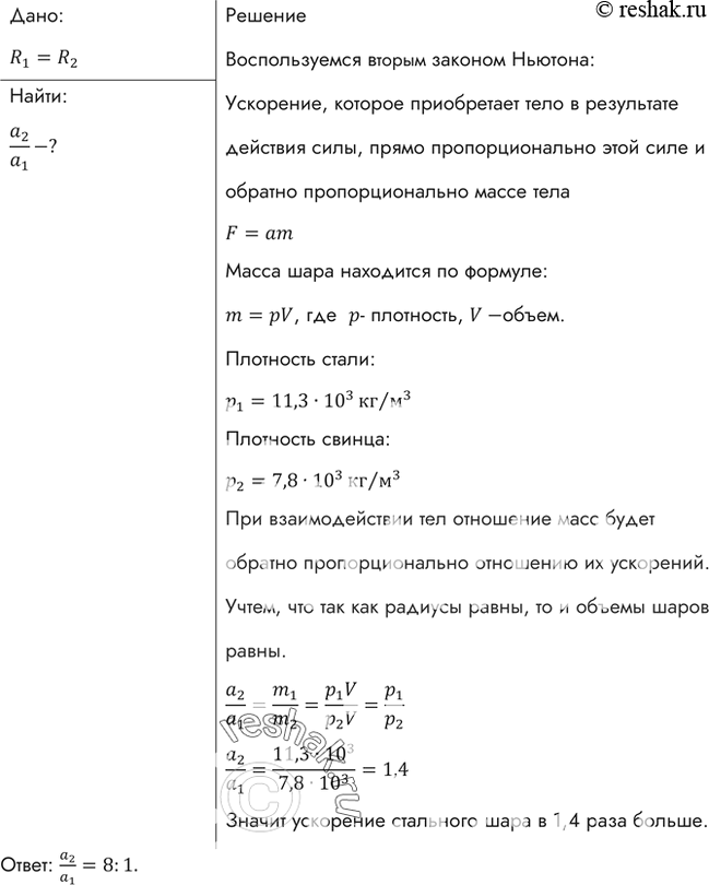 Изображение Найти отношение модулей ускорений двух шаров одинакового радиуса во время взаимодействия, если первый шар сделан из стали, а второй из...