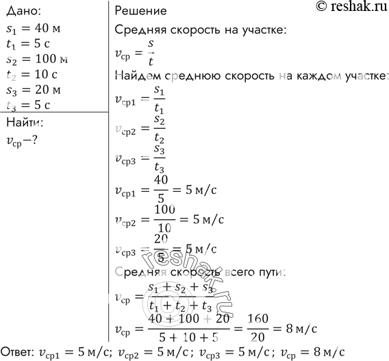 Изображение Велосипедист за первые 5 с проехал 40 м, за следующие 10с — 100 ми за последние 5 с — 20 м. Найти средние скорости на каждом из участков и на всем...