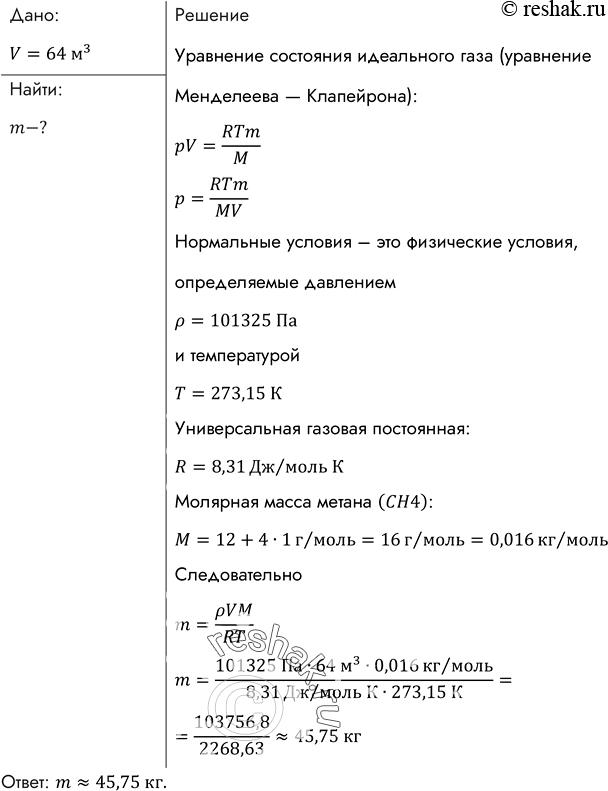 Изображение Найти массу природного горючего газа объемом 64 м3, считая, что объем указан при нормальных условиях. Молярную массу природного горючего газа считать равной молярной...