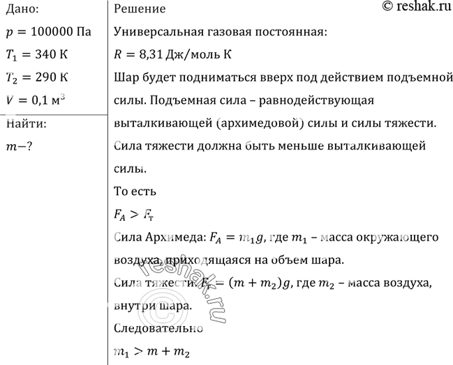 Изображение Шар объемом V = 0,1 м3, сделанный из тонкой бумаги, наполняют горячим воздухом, имеющим температуру Т2= 340 К. Температура окружающего воздуха Т1=290 К. Давление воздуха...
