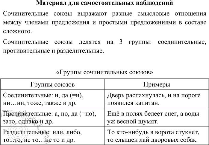 Изображение Вспомните, какова роль сочинительных союзов в предложении.На какие группы по значению делятся сочинительные союзы? Начертите таблицу «Группы сочинительных союзов» и...